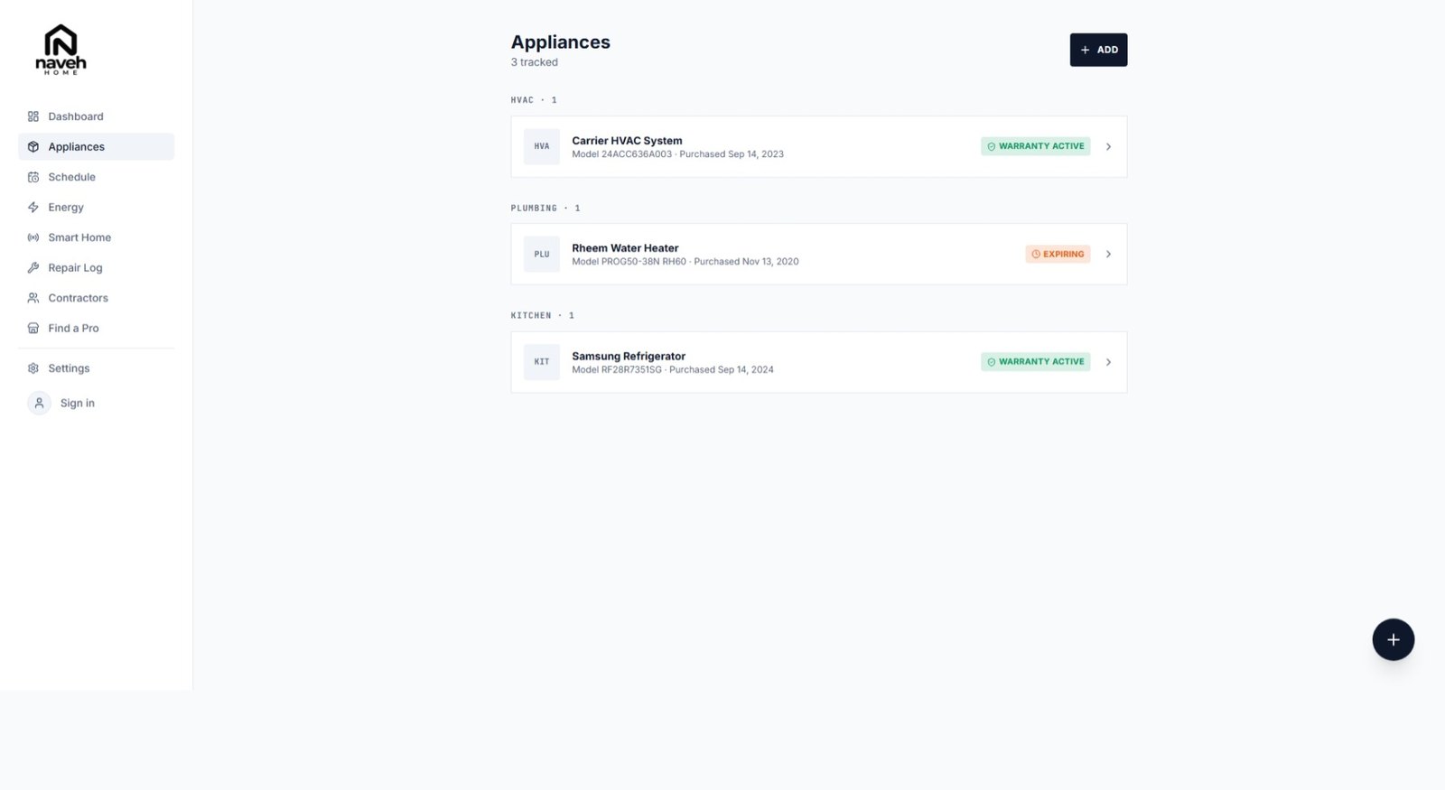 The Appliances screen tracking three items grouped by category: a Carrier HVAC system and Samsung refrigerator under active warranty, and a Rheem water heater flagged as expiring, each with model number and purchase date.