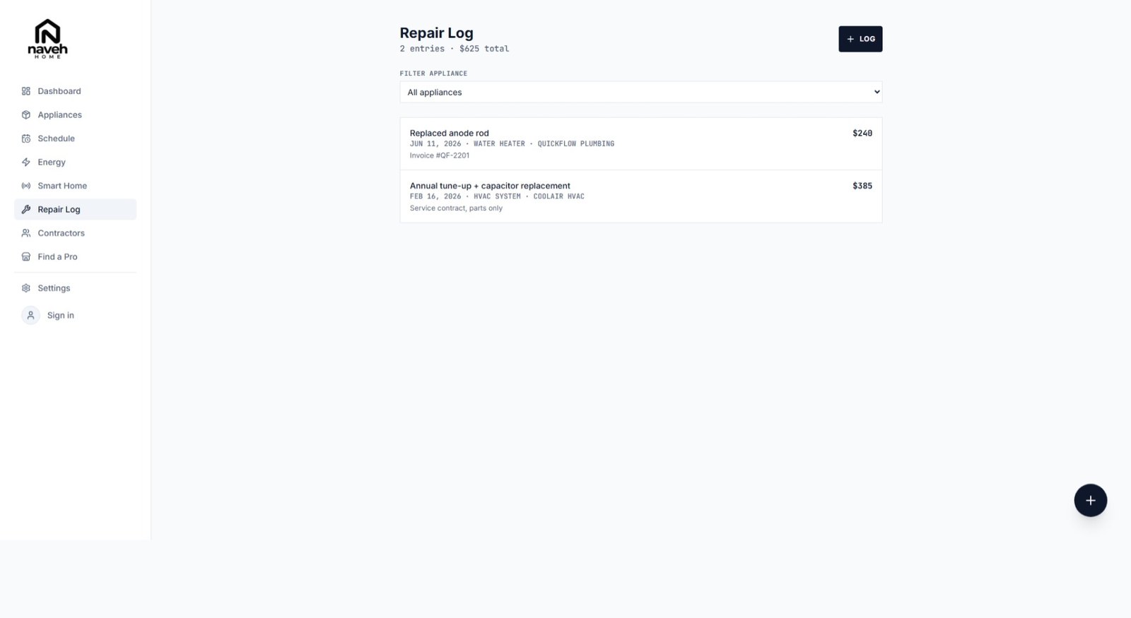 The Repair Log showing two entries totalling $625: a $240 anode rod replacement on the water heater by QuickFlow Plumbing and a $385 annual HVAC tune-up with capacitor replacement by CoolAir HVAC.