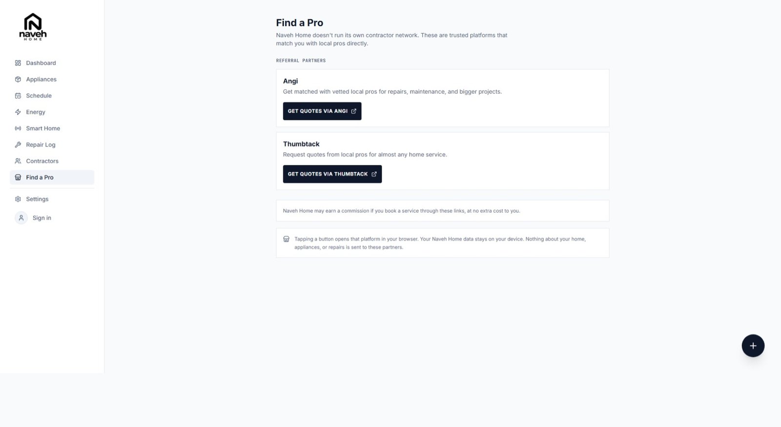 The Find a Pro screen listing referral partners Angi and Thumbtack with buttons to request quotes, plus a note that home, appliance, and repair details are never sent to those partners.