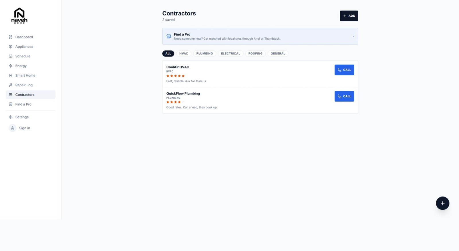 The Contractors screen with two saved pros — CoolAir HVAC rated five stars and QuickFlow Plumbing rated four — each with a call button, alongside trade filters for HVAC, plumbing, electrical, roofing, and general work.