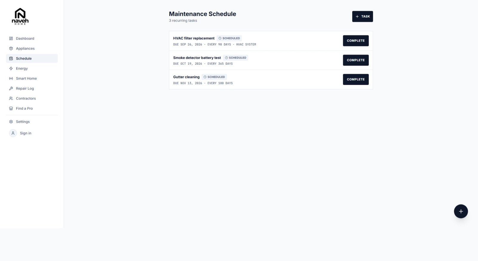 The maintenance schedule listing three recurring tasks — an HVAC filter replacement due September 26, a smoke detector battery test due October 19, and gutter cleaning due November 13 — each with a complete button.